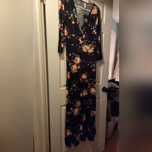 Elegant Floral Long Sleeve V Neck Long Sleeve Dress. XL